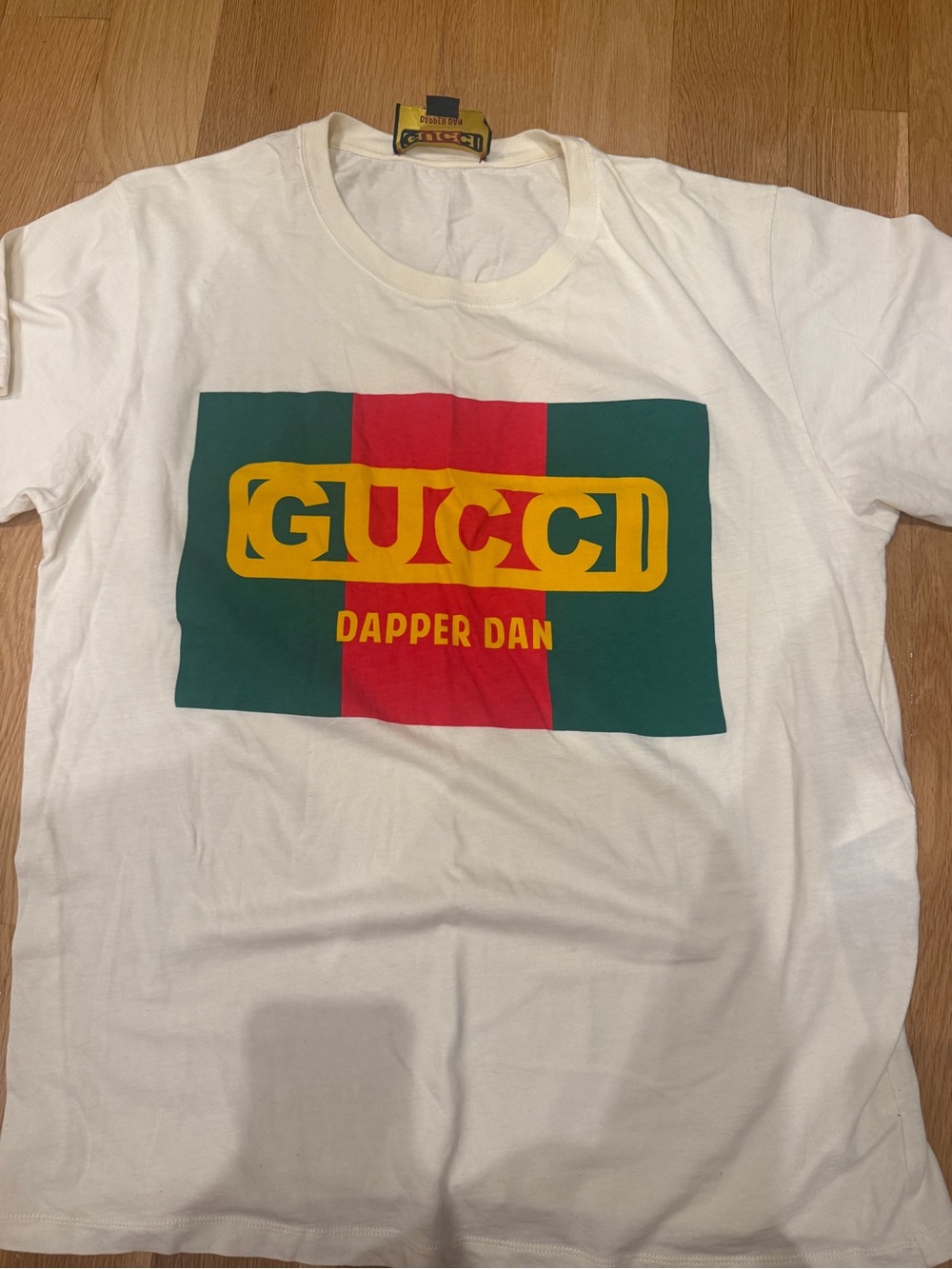 Gucci White Men Dapper Dan Collection Logo Tee with Green, Red & Yellow Panel